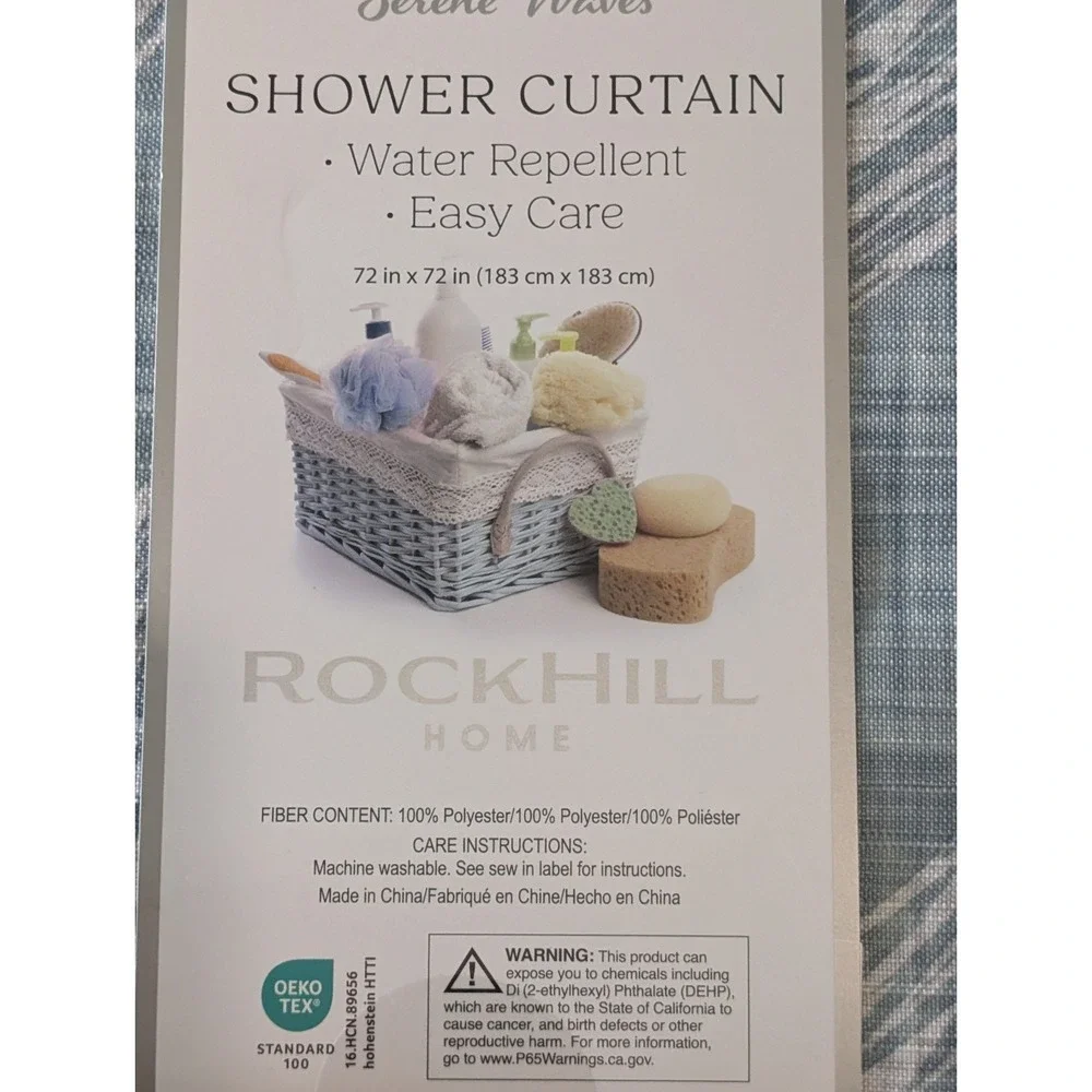 Rockhill Home Serene Waves Blue White Ocean Beach Fabric Shower Curtain 72x72
